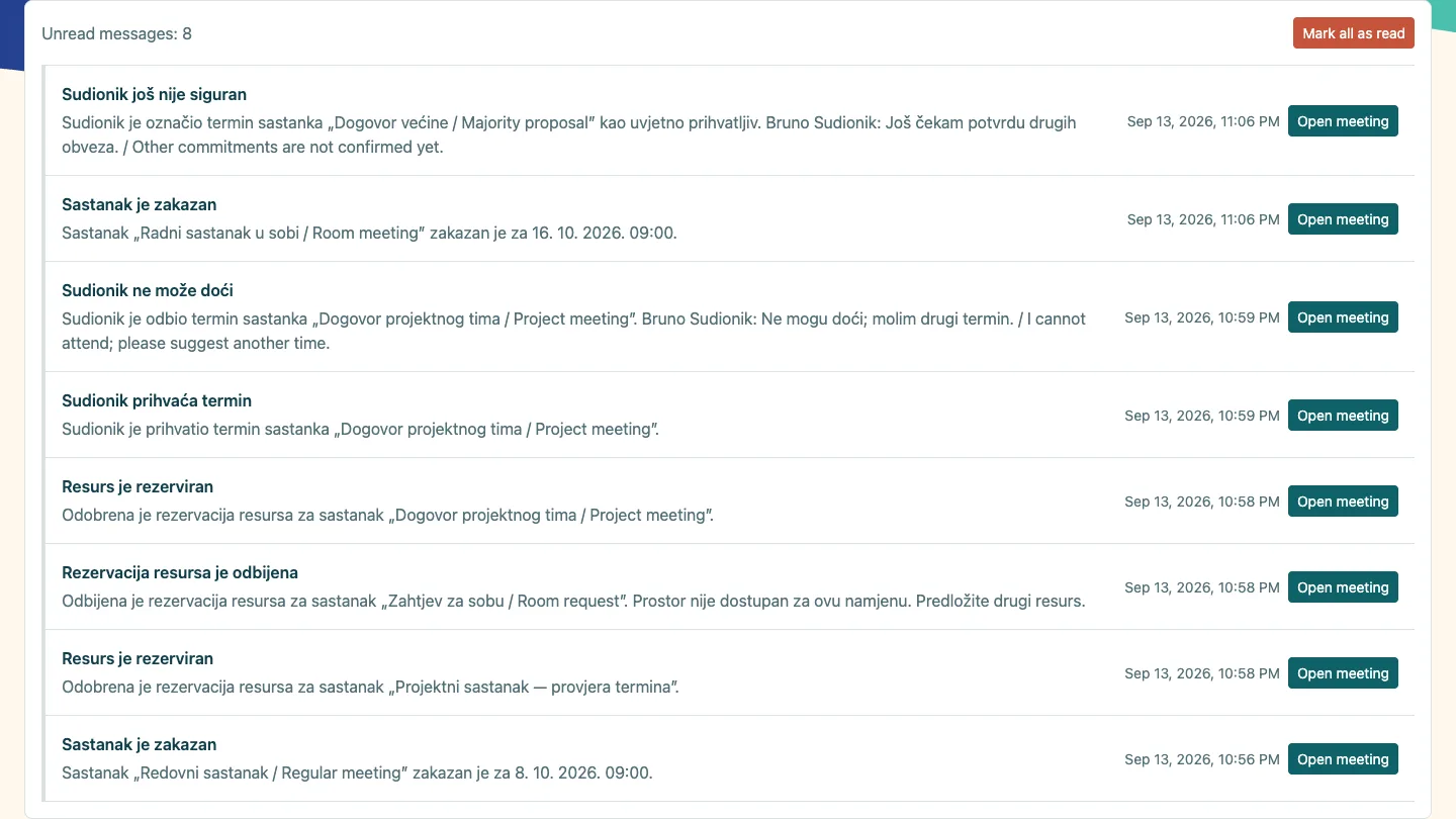 The organizer sees replies and meeting links.