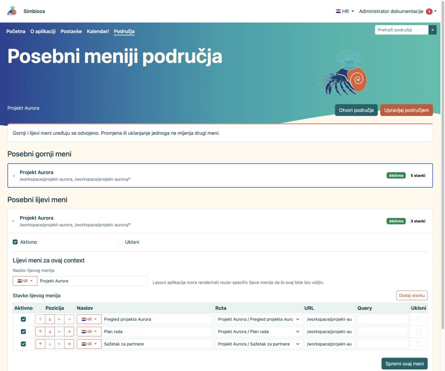 Posebni lijevi meni područja