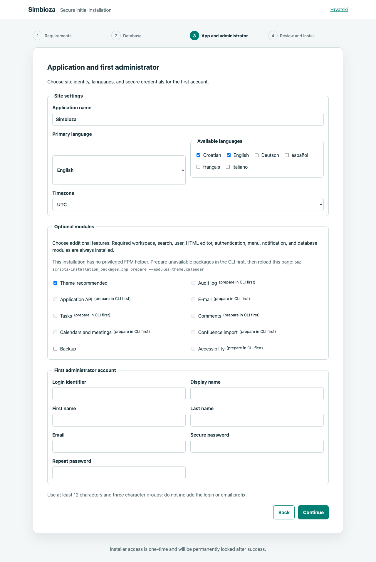 Blank English site, language, module and first-administrator form.