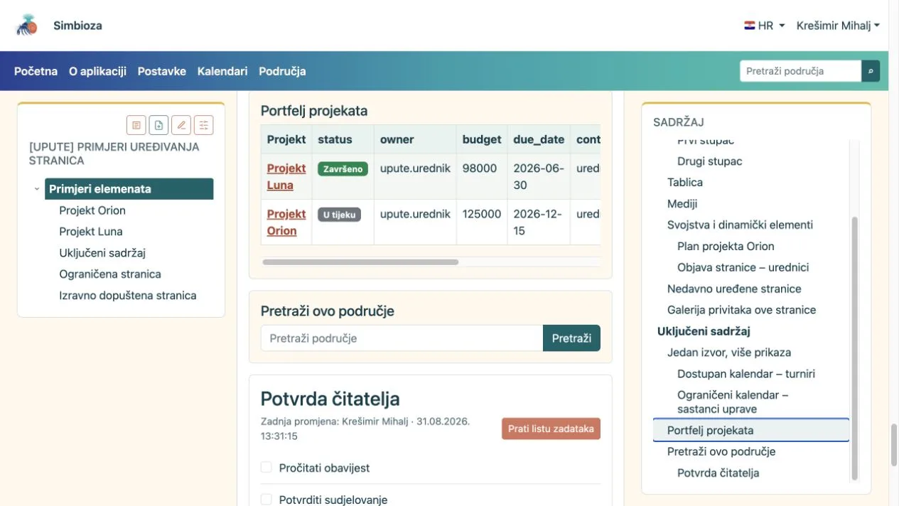 Objavljeni prikaz tablice svojstava, pretrage područja i zadataka