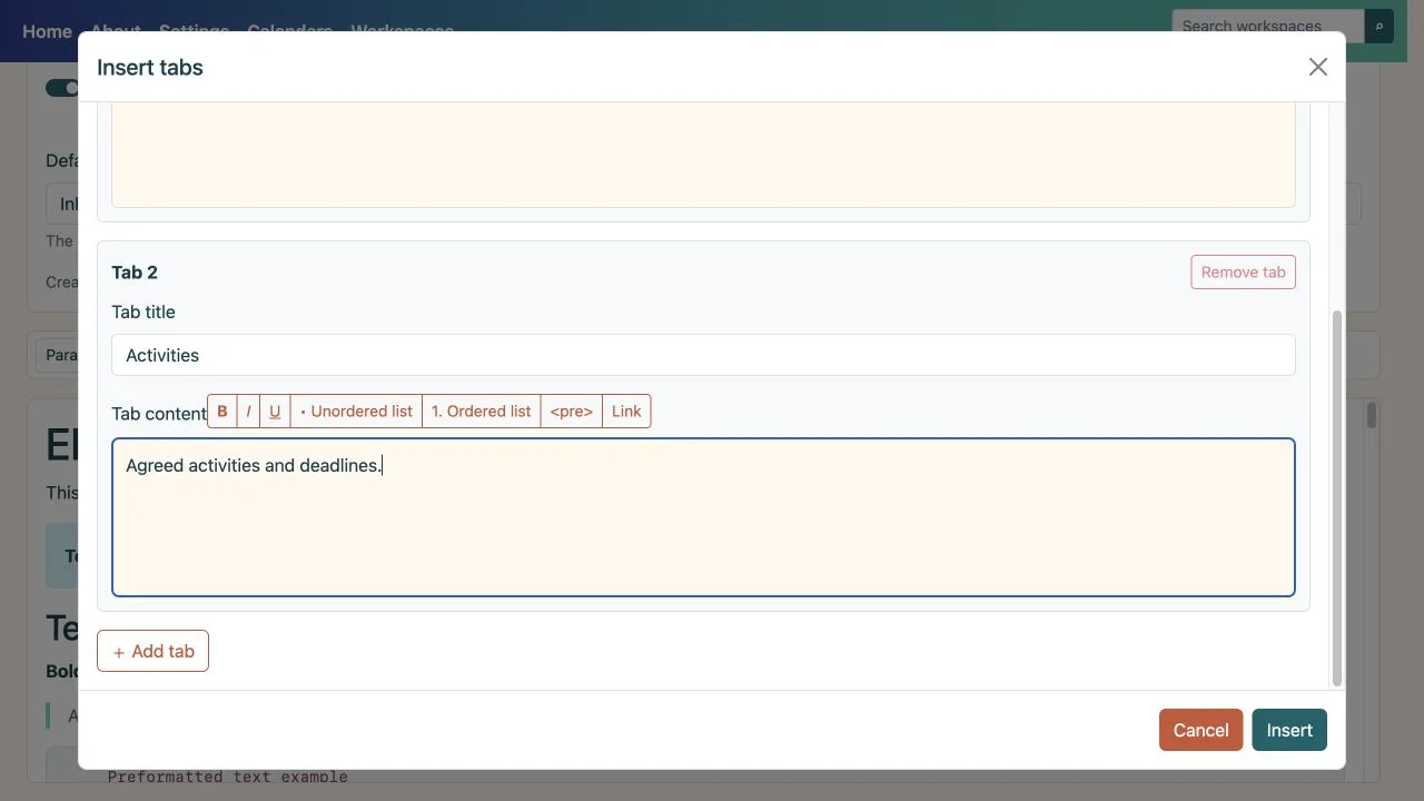Tabs dialog with multiple tab titles and contents