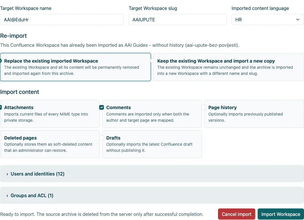 Target, content and mapping settings before import