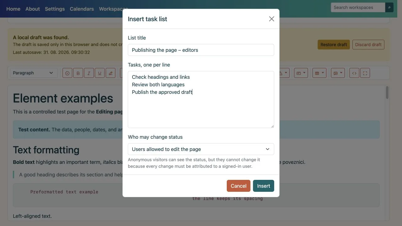 Task list dialog with several items and an editing-scope choice
