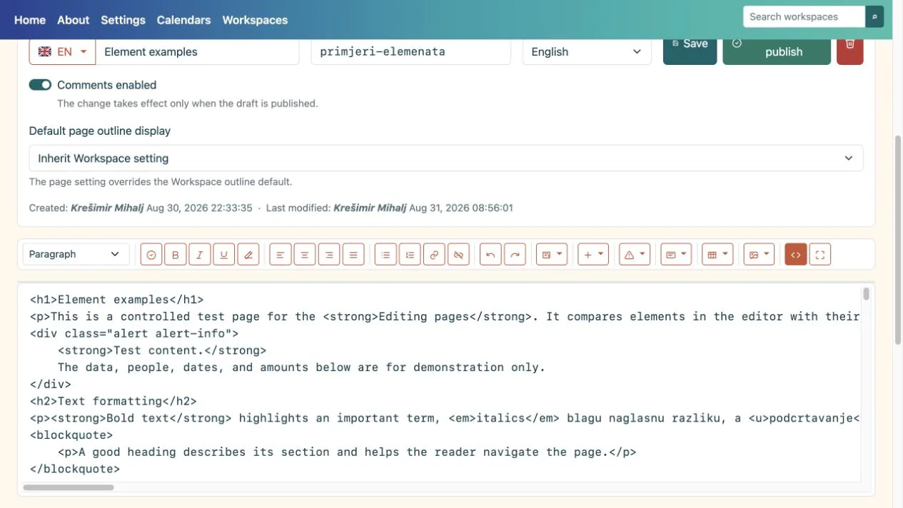 HTML editor showing the page source code