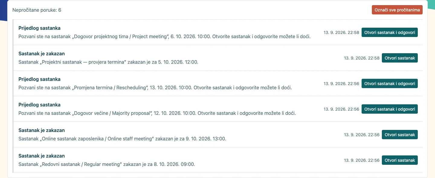 Ana dobiva poziv; poveznica otvara konkretan sastanak.