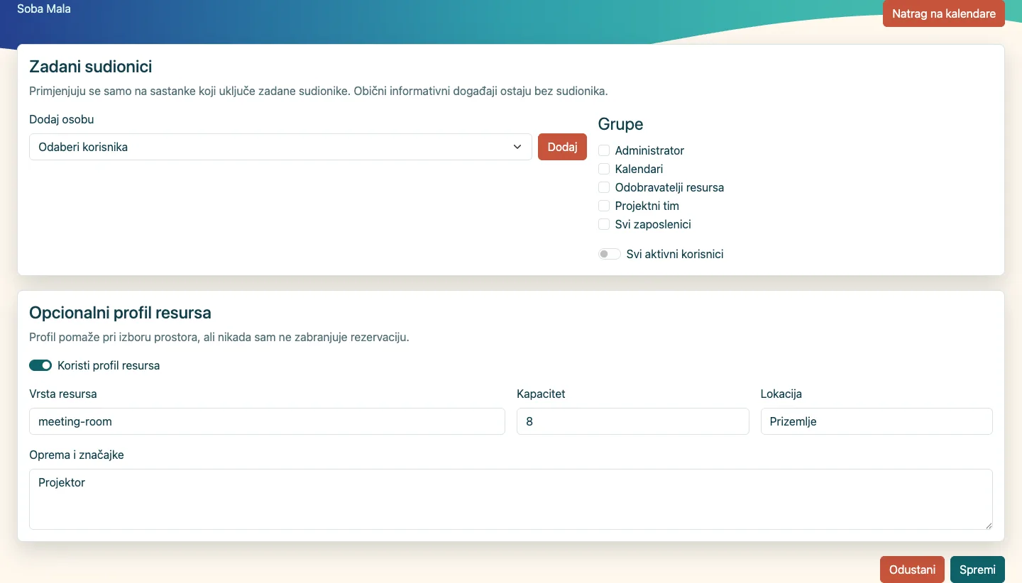 Opcionalni profil sobe s kapacitetom, lokacijom i opremom.