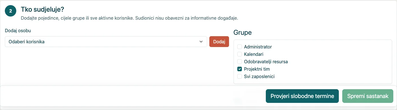 Sudionici iz grupe i opcionalno nasljeđivanje iz kalendara.