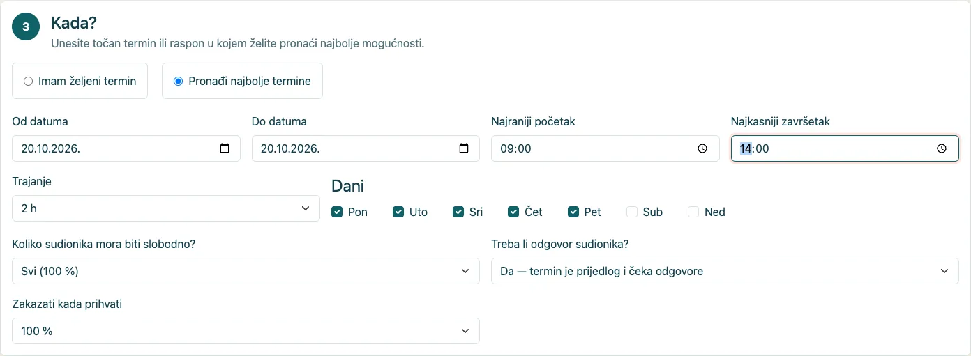 Uvjeti pretrage: datumi, sati, trajanje i dani.