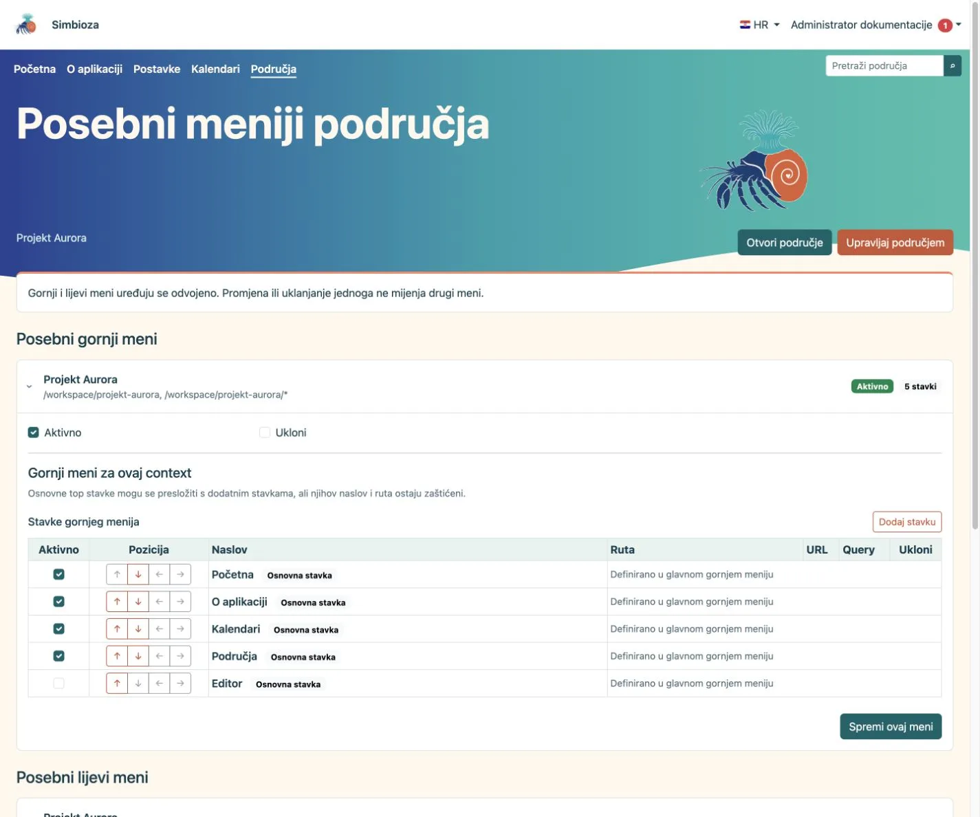 Posebni gornji meni područja