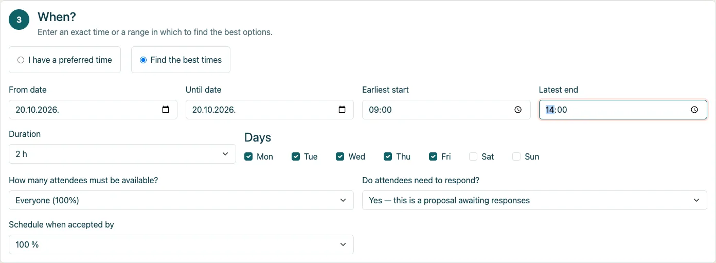 Search conditions: dates, hours, duration, and weekdays.