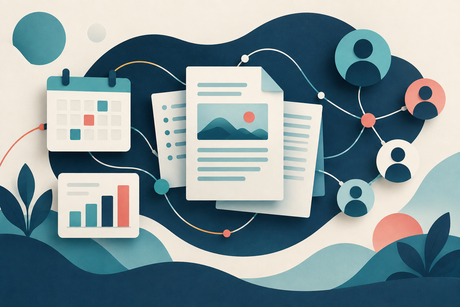 Illustration of connected pages, a calendar, a chart, and team members.